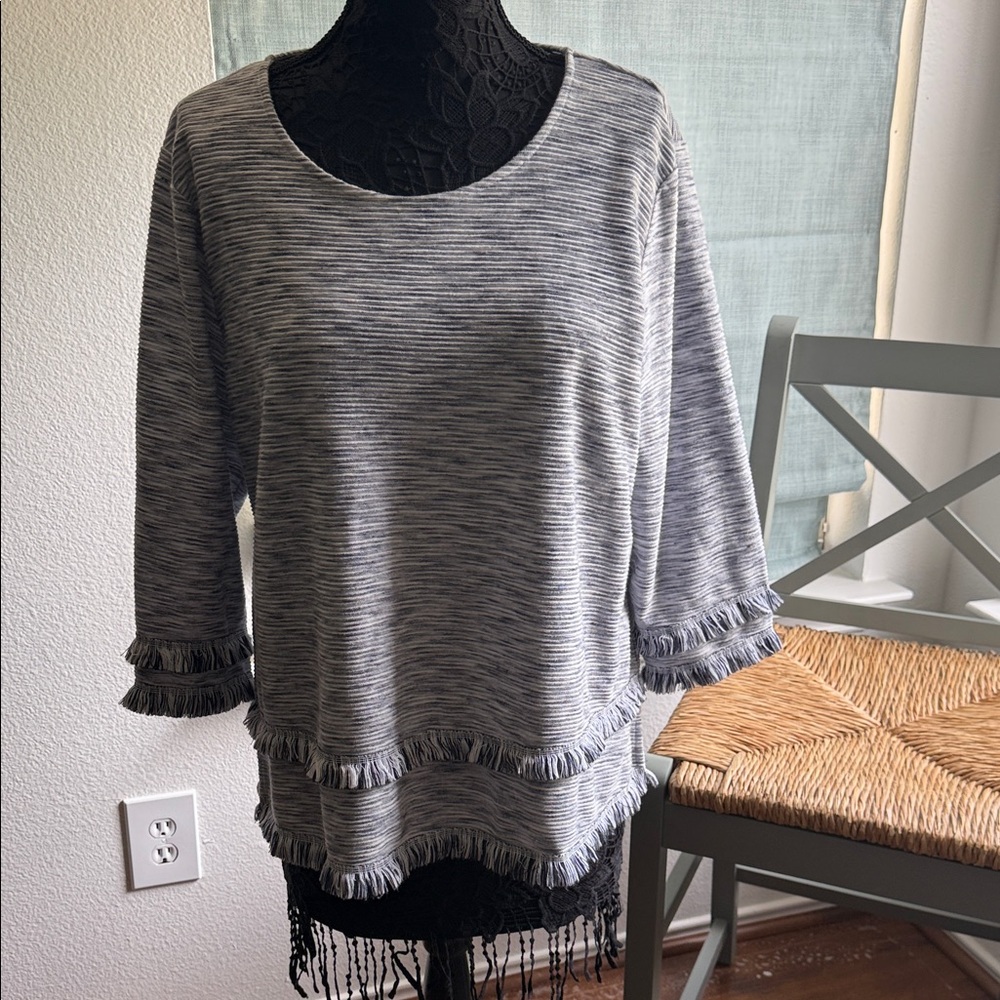 Style & Co. Gray Fringe Trim Top